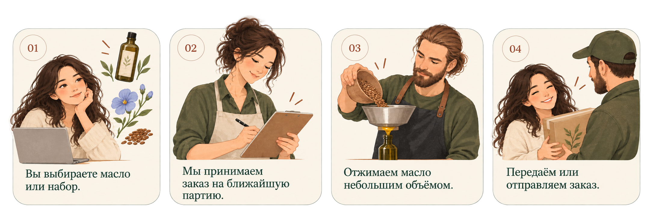 Четыре шага заказа: выбрать масло или набор, оформить заказ на ближайшую партию, дождаться отжима и получить заказ
